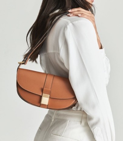 REISS BERTIE LEATHER BAGUETTE BAG TAN ~ luxe brown handbags ~ chic shoulder bags