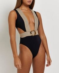 RIVER ISLAND BLACK BELTED PLUNGE SWIMSUIT – glamorous plunging cut out swimsuits