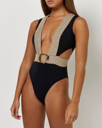RIVER ISLAND BLACK BELTED PLUNGE SWIMSUIT – glamorous plunging cut out swimsuits - flipped