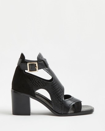 RIVER ISLAND BLACK BLOCK HEELED SHOE BOOTS / animal effect faux leather chunky heel cut out shoes - flipped