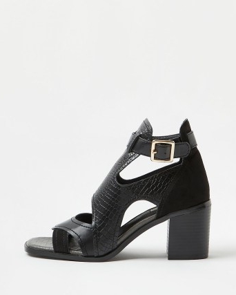 RIVER ISLAND BLACK BLOCK HEELED SHOE BOOTS / animal effect faux leather chunky heel cut out shoes