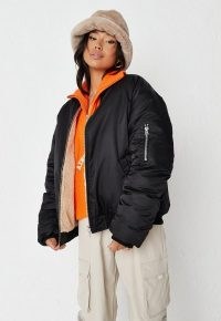 Missguided black borg teddy reversible oversized bomber jacket | womens casual jackets