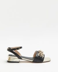 RIVER ISLAND BLACK CHAIN DETAIL SANDALS | chic low block heel ankle strap sandal | chunky chains on womens footwear