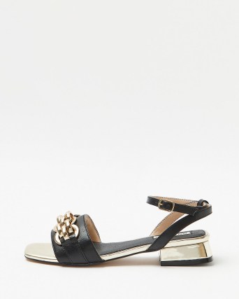 RIVER ISLAND BLACK CHAIN DETAIL SANDALS | chic low block heel ankle strap sandal | chunky chains on womens footwear - flipped