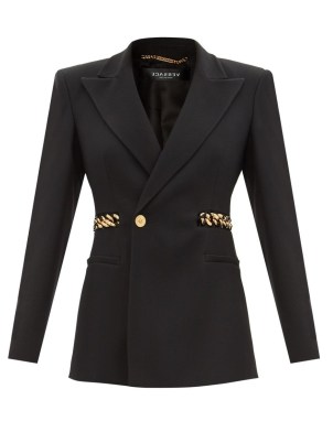 VERSACE Chain-embellished single-breasted twill blazer in black – chunky chains on women’s jackets – chic blazers - flipped