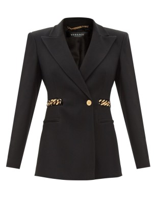 VERSACE Chain-embellished single-breasted twill blazer in black – chunky chains on women’s jackets – chic blazers