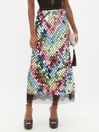 GUCCI Chevron-sequinned chantilly-lace midi skirt – luxe sequin covered sheer hem skirts – rainbow fashion