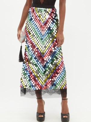 GUCCI Chevron-sequinned chantilly-lace midi skirt – luxe sequin covered sheer hem skirts – rainbow fashion - flipped