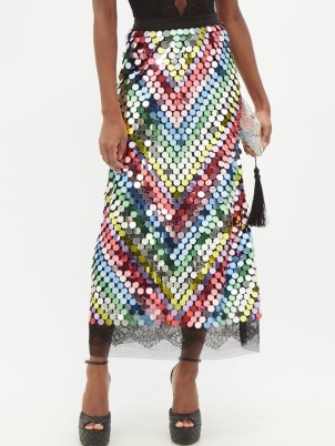 GUCCI Chevron-sequinned chantilly-lace midi skirt – luxe sequin covered sheer hem skirts – rainbow fashion