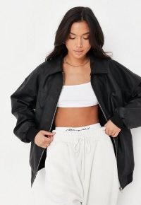 Missguided black faux leather zip through bomber jacket – womens oversized casual jackets – women’s on-trend outerwear