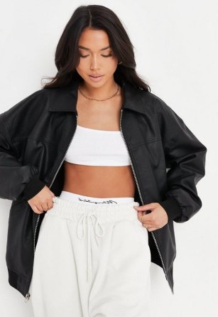 Missguided black faux leather zip through bomber jacket – womens oversized casual jackets – women’s on-trend outerwear - flipped