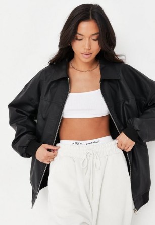 Missguided black faux leather zip through bomber jacket – womens oversized casual jackets – women’s on-trend outerwear