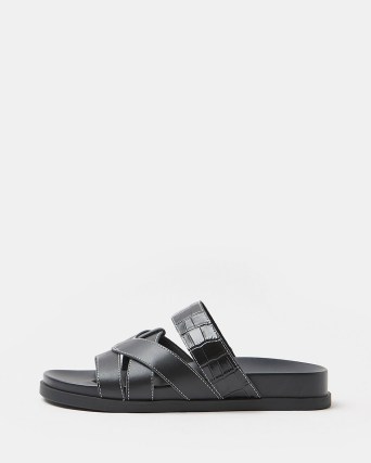 River Island BLACK LEATHER CROSS OVER SANDALS | womens multi strap low heel slides - flipped