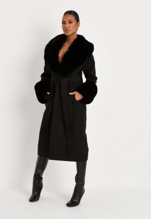 MISSGUIDED black longline faux fur trim formal coat ~ effortless winter glamour - flipped