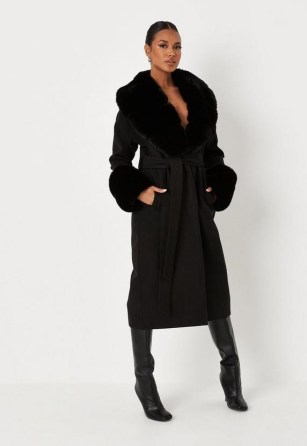 MISSGUIDED black longline faux fur trim formal coat ~ effortless winter glamour