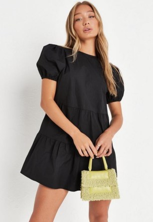 MISSSGUIDED black puff sleeve poplin smock mini dress – tiered dresses with volume - flipped