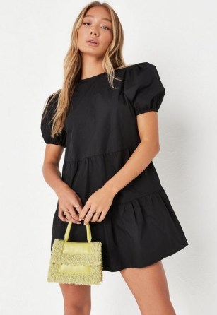 MISSSGUIDED black puff sleeve poplin smock mini dress – tiered dresses with volume