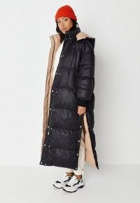 MISSGUIDED black reversible oversized longline puffer coat ~ on-trend padded coats ~ hooded outerwear