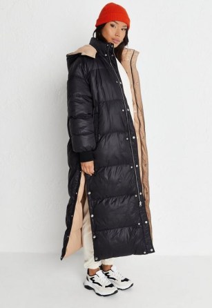 MISSGUIDED black reversible oversized longline puffer coat ~ on-trend padded coats ~ hooded outerwear - flipped