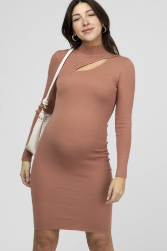 PINKBLUSH Peach Ribbed Front Cutout Maternity Dress – cut out pregnancy dresses - flipped