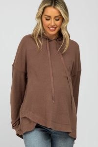 PINKBLUSH Mocha Soft Brushed Hooded Maternity Top – brown slouchy pullover pregnancy hoodies – drop shoulder – casual look fashion