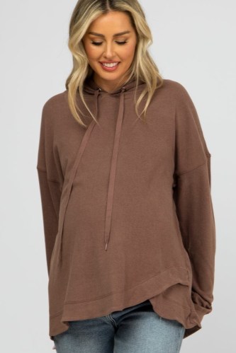 PINKBLUSH Mocha Soft Brushed Hooded Maternity Top – brown slouchy pullover pregnancy hoodies – drop shoulder – casual look fashion - flipped
