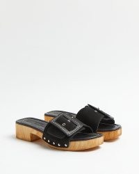 RIVER ISLAND BLACK SUEDE CLOGS / buckled clog style mules