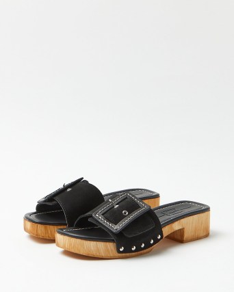 RIVER ISLAND BLACK SUEDE CLOGS / buckled clog style mules - flipped
