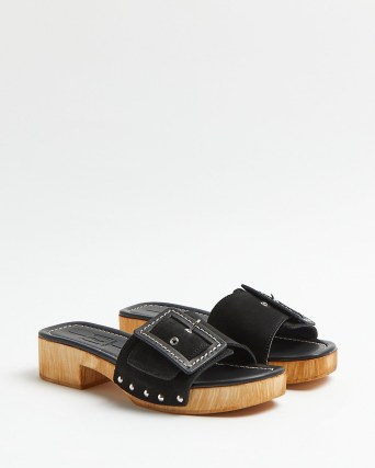 RIVER ISLAND BLACK SUEDE CLOGS / buckled clog style mules