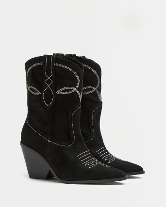 RIVER ISLAND BLACK SUEDE WESTERN BOOTS ~ women’s cowboy style footwear - flipped