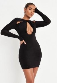MISSGUIDED black twist neck slinky mini dress – glamorous cut out dresses – LBD