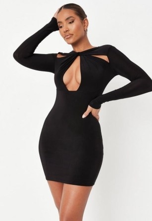 MISSGUIDED black twist neck slinky mini dress – glamorous cut out dresses – LBD - flipped