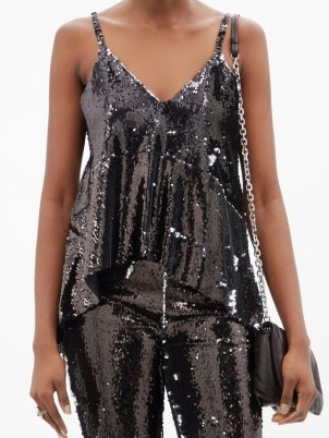 MARQUES’ALMEIDA Upcycled two-way sequinned tulle cami in black ~ asymmetric hem camisole ~ glittering sequin evening event tops - flipped