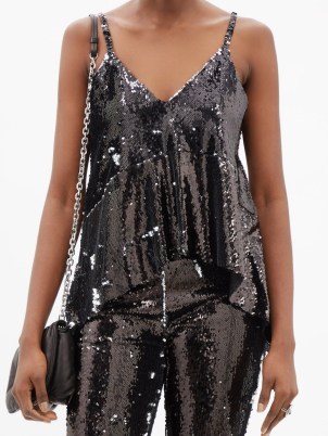 MARQUES’ALMEIDA Upcycled two-way sequinned tulle cami in black ~ asymmetric hem camisole ~ glittering sequin evening event tops