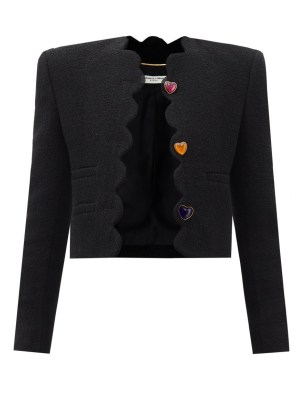 SAINT LAURENT Wool-blend black bouclé tweed jacket ~ boxy scalloped edge jackets ~ heart shaped buttons - flipped