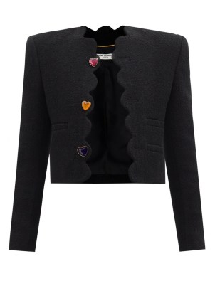 SAINT LAURENT Wool-blend black bouclé tweed jacket ~ boxy scalloped edge jackets ~ heart shaped buttons