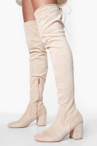 boohoo Block Heel Thigh High Over The Knee Boot Beige ~ tie back detail ~ women’s winter footwear