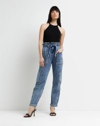 River Island BLUE HIGH WAISTED TAPERED JEANS | paperbag waist | womens casual utility denim fashion | pocket detail