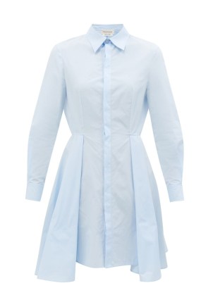 ALEXANDER MCQUEEN Lace-up cotton-poplin shirt dress ~ pale blue pleated fit and flare dresses - flipped