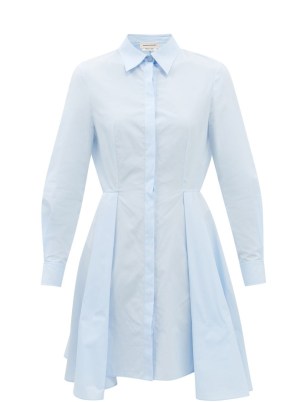 ALEXANDER MCQUEEN Lace-up cotton-poplin shirt dress ~ pale blue pleated fit and flare dresses