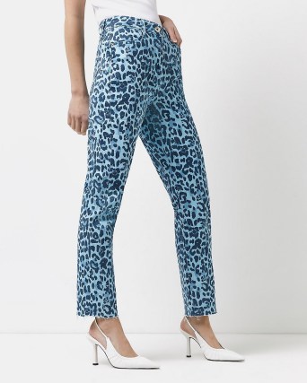 River Island BLUE LEOPARD MID RISE STRAIGHT LEG JEANS – womens printed denim fashion – animal prints - flipped