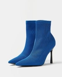 RIVER ISLAND BLUE RIBBED KNIT SOCK BOOTS / textured rib knit pointed toe stiletto heel booties