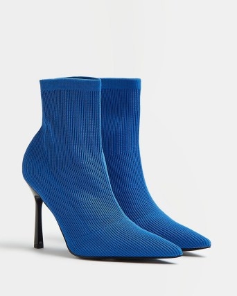 RIVER ISLAND BLUE RIBBED KNIT SOCK BOOTS / textured rib knit pointed toe stiletto heel booties - flipped