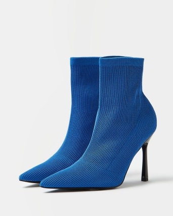 RIVER ISLAND BLUE RIBBED KNIT SOCK BOOTS / textured rib knit pointed toe stiletto heel booties