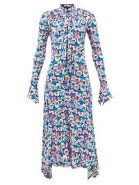 PACO RABANNE Sash-tie floral-print jersey midi dress in blue ~ feminine long sleeve high neck dresses ~ asymmetric hem