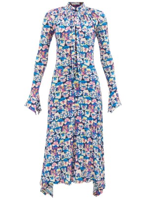 PACO RABANNE Sash-tie floral-print jersey midi dress in blue ~ feminine long sleeve high neck dresses ~ asymmetric hem - flipped