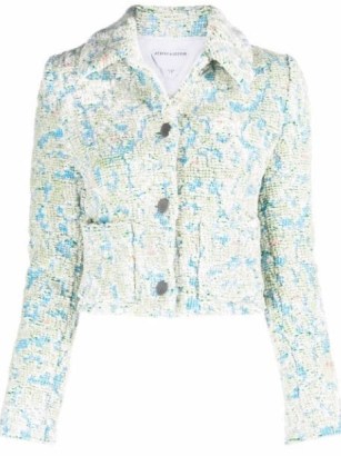 Bottega Veneta bouclé cropped jacket in blue white seagrass – chic textured jackets - flipped