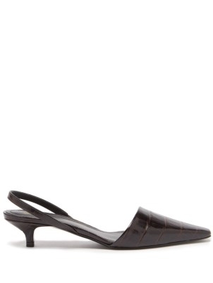 TOTÊME Crocodile-effect brown-leather slingback mules / croc embossed slingbacks / pointed toe kitten heels - flipped