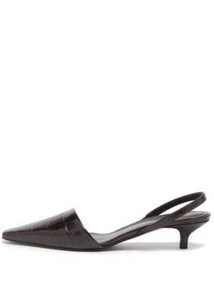 TOTÊME Crocodile-effect brown-leather slingback mules / croc embossed slingbacks / pointed toe kitten heels