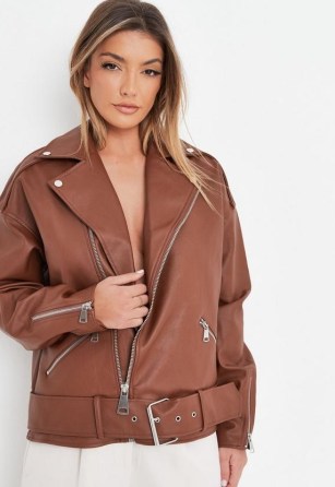 Missguided brown faux leather belted boyfriend biker jacket – womens relaxed fit stud and zipper detail jackets - flipped